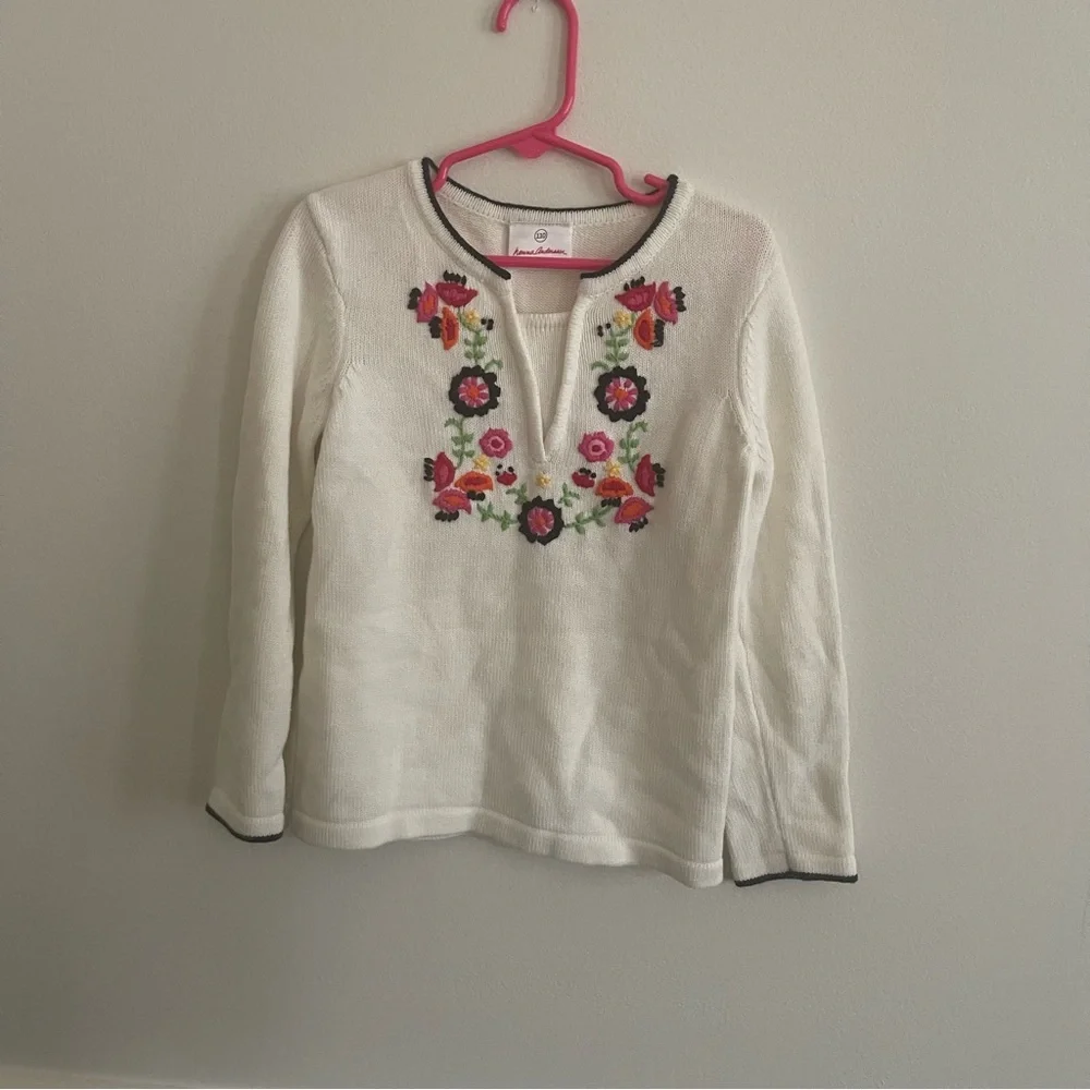 Hanna Andersson Girls Floral Embroidered‎ Knit Sweater Ivory Cream Size 110 5 6